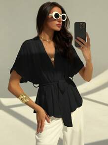 Aloruh Áo cánh tay ngắn cổ chữ V tối giản màu trơn cho nữ - màu đen - Xem 6