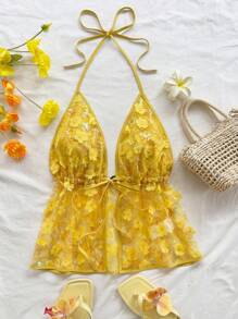 Soleia Áo hai dây hở lưng thêu họa tiết du lịch dành cho nữ, thích hợp cho các dịp lễ, hẹn hò, trà chiều, lễ hội âm nhạc, bãi biển, mùa hè, phong cách Boho, móc len, vải lanh - Màu vàng - Xem 3