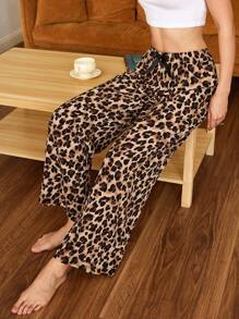 SHEIN Women's Casual Leopard Print Bowknot Elastic Waist Loose Pajama Pants, Fall, Winter