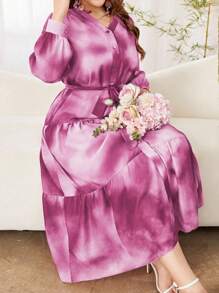 Modelyn Women Plus Size Long Sleeve Tie Dye Waist Flattering Midi Dress - Purple - View 6