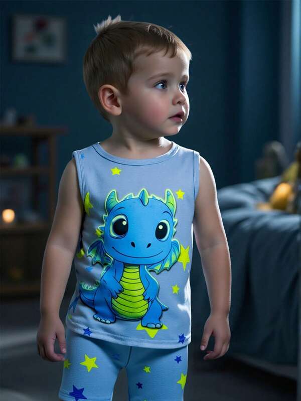 2pcs/Set Young BoyMinimalist Light Blue Dinosaur Print Vest And Shorts Tight Suit, Casual Homewear