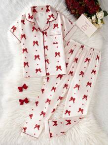 Genkimix Kids 2pcs Girls Allover Print Bowknot & Ribbon Pattern Polo Collar Cardigan Short Sleeve Top And Casual Long Pants Pajama Set - Apricot - View 3