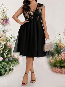 Bellastra Plus Size Women Sequin V-Neck Puff Mesh Panel Dress - Multicolor - View 1