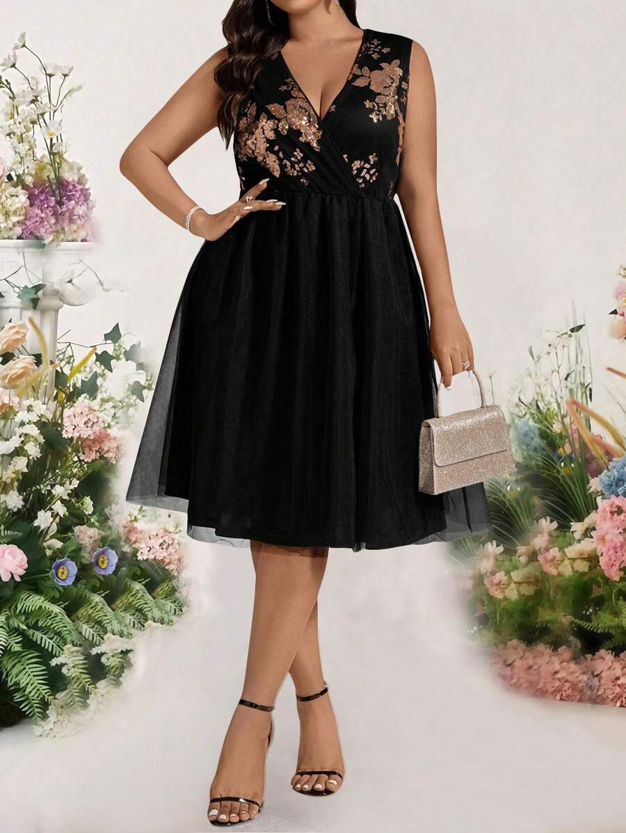 Bellastra Plus Size Women Sequin V-Neck Puff Mesh Panel Dress - Multicolor - View 1