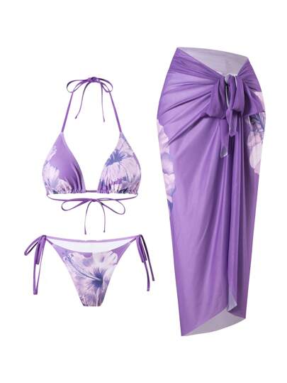 Swim Oasis 3pcs/Set Women Summer Beach Vacation Outfits, Floral Print Bikini Set And Mesh Tie-Front Beachwear Dress, Bohemian Holiday Style