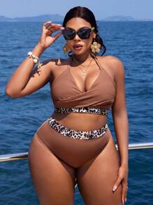 Slaydiva Plus Size Women Leopard Print Textured Fabric Sports Casual Swimwear Set For Summer Beach Vacation - Multicolor - View 3