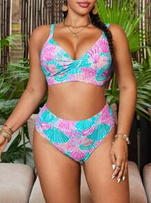 Swim Mod 大码女式休闲度假数码印花坦基尼泳衣套装，细肩带，适合海滩穿着