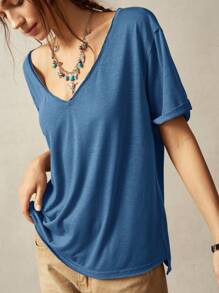 SHEIN BohoFeels 女士休闲纯色V领短袖宽松T恤 - 藏蓝色 - 查看 4