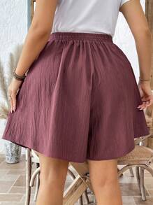 SHEIN LUNE 大码女式纯色休闲宽松短裤 - 棕色 - 查看 2