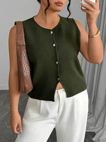 Plus Size Women's Round Neck Single Breasted Casual Versatile Knitted Vest - Multicolor - View 7