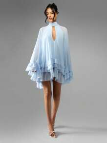 MISSGUIDED 雪纺披肩迷你连衣裙，荷叶边层叠袖，高领露背设计，优雅春夏婚礼宾客礼服 - 淺藍色 - 查看 3