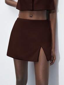 Maija 棕色圆领宽松无袖上衣和中腰西装裤裙两件套，适合女士，现代都市风格，优雅商务休闲 - 棕色 - 查看 7