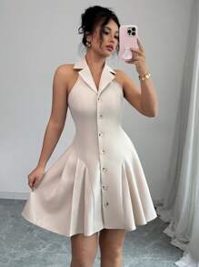 Elenzga Abito elegante romantico da donna con colletto, vita incintante e linea ad A, adatto per l'ufficio - Albicocca - Visualizzare 4