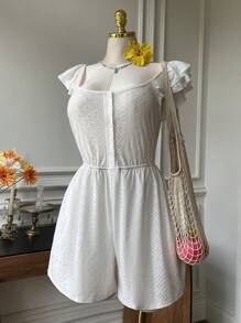SHEIN EZwear Große Größen Weiß Hohlmuster Jacquard Puffkragen Rüschensaum Lässig Jumpsuit, Frühlings- & Sommer-Urlaubsstil - Weiss - Übersicht 6