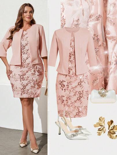 Ellevyn Conjunto de 2 piezas talla grande: chaqueta de unicolor y vestido circular con aplicaciones brillantes, elegante