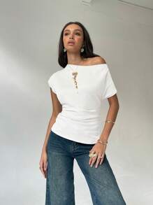 Aloruh 女式休闲纯色不对称衬衫，夏季 - 白色 - 查看 5