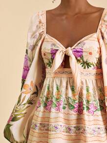 Travachic 满版心形印花 V 领扭纹长袖优雅连衣裙，奶油黄色连衣裙，节日装