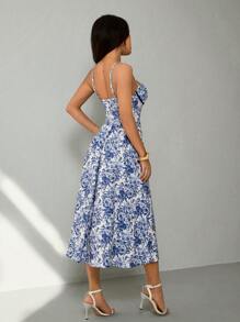 SHEIN PETITE Đầm corset cạp cao họa tiết hoa màu xanh và trắng tương phản sọc eo - Màu xanh lam - Xem 2