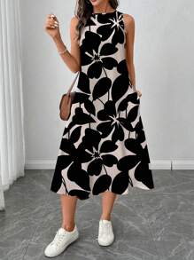 SHEIN LUNE Women's Casual Apricot Floral Print Mid-Length Dress, Suitable For Spring/Summer Holiday,Sun Dresses For Women,Shirt Dresses For Women Chic Dress