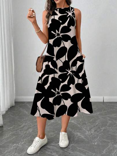 SHEIN LUNE Women's Casual Apricot Floral Print Mid-Length Dress, Suitable For Spring/Summer Holiday,Sun Dresses For Women,Shirt Dresses For Women Chic Dress