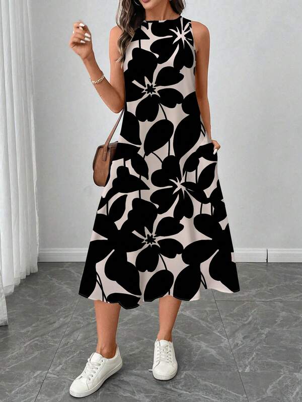 SHEIN LUNE Women's Casual Apricot Floral Print Mid-Length Dress, Suitable For Spring/Summer Holiday,Sun Dresses For Women,Shirt Dresses For Women