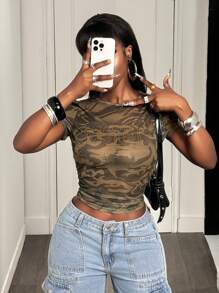 BamGleam 女款大理石印花圓領鑲鑽網紗短袖上衣 - 黑色 - 查看 7