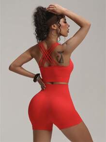 Easithlete Women's Seamless Backless Yoga Set - Red - View 3