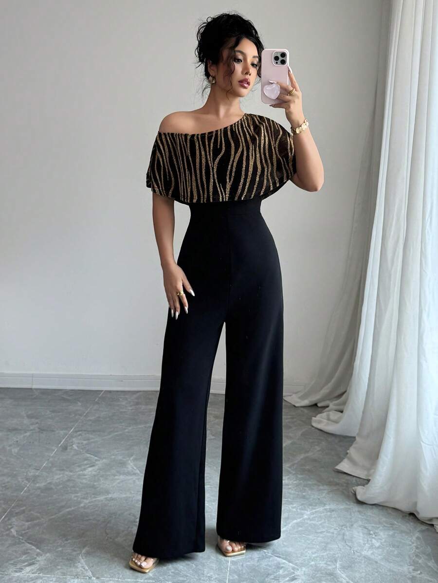 Rafferiza Women's Gold Foil Splice Halter Jumpsuit - Black - View 1