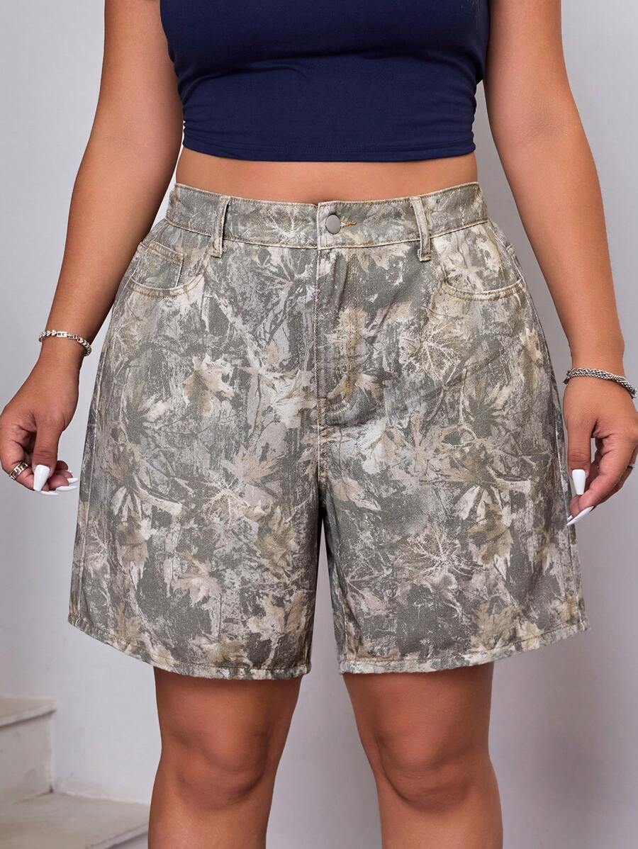 SHEIN ICON Quần short denim midi in họa tiết cổ điển thời trang dành cho nữ cỡ lớn - màu nâu - Xem 1