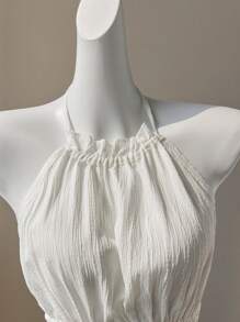 Elamini White Textured Fabric Sexy Deep V-Neck Backless Tie-Up Slim Fit Camisole Top, Chic For Spring/Summer Vacation, Babydoll Top - White - View 5