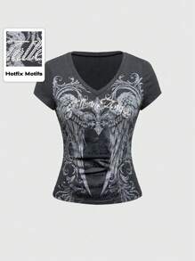 ROMWE Grunge Punk Grunge Style Distressed Wing Print Rhinestone Embellished Women Fitted T-Shirt - Grey - View 1