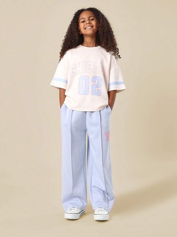SUMWON Set sport stil Chicago, coordonat, streetwear, lenjerie de casă, sport, jerseu, tricou supradimensionat, pantaloni largi, set casual, sport, ținută estetică pentru echipa de colegiu