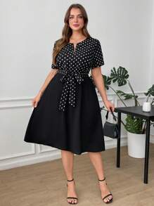 SHEIN Clasi Plus Size Women's Polka Dot Print Patchwork Zipper Casual Black And White Summer Elegant Everyday Dress,Solid Color Gown,Business Work Clothing - Black and White - View 5