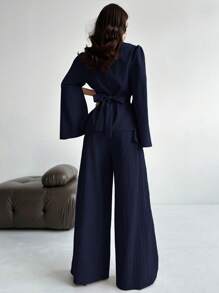 Firerie 2 件套女式系带长袖衬衫上衣和美人鱼下摆裙套装，开衩长袖衬衫 + 美人鱼长裙套装，优雅/通勤/休闲/商务/度假/职业装 - 藏蓝色 - 查看 2