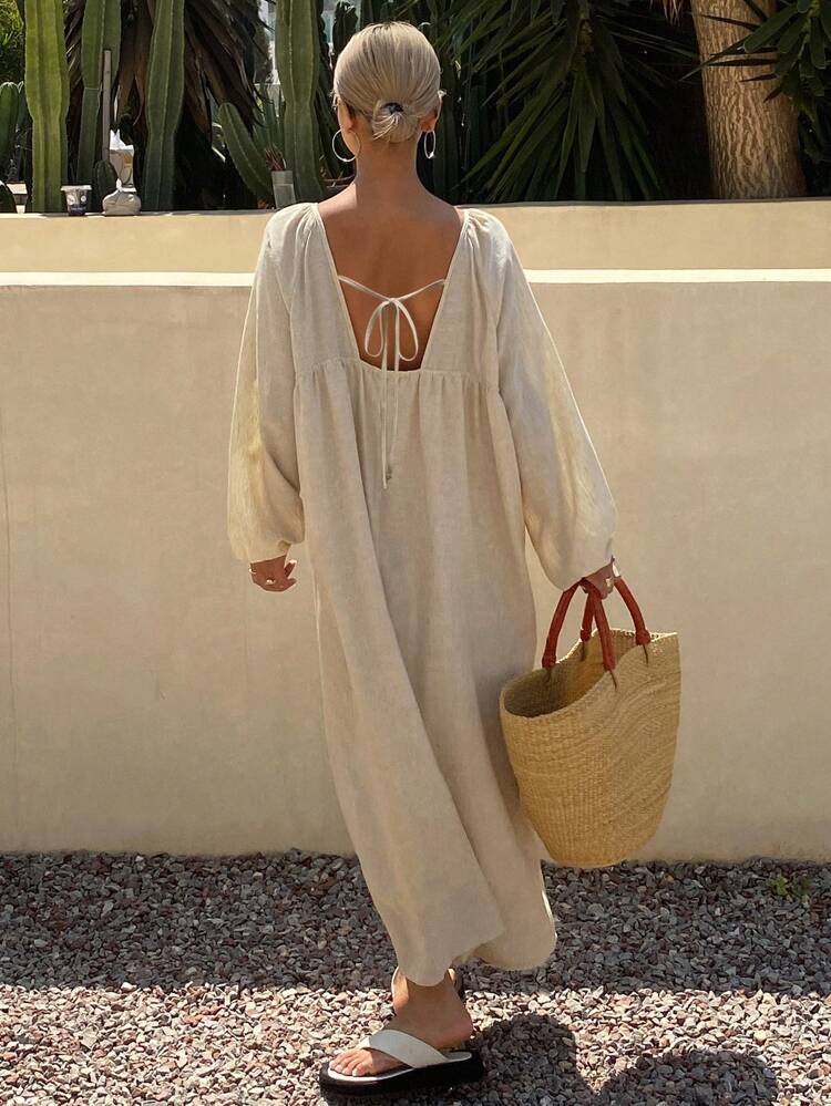 Solid Color Loose Long Sleeve Backless Drawstring Casual Resort Dress For Women, Fall Sundress Maxi Dress