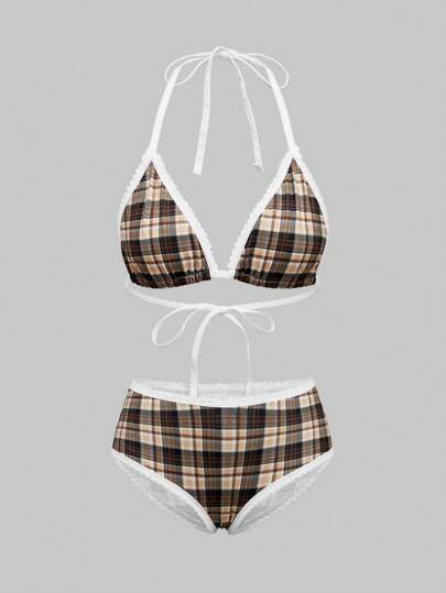 Academia Conjunto de lencería con panel de encaje y cordón sin aros, estilo colegial, kawaii