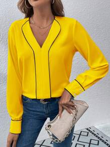 SHEIN LUNE 女士优雅撞色镶边 V 领长袖衬衫，适合日常和派对穿着