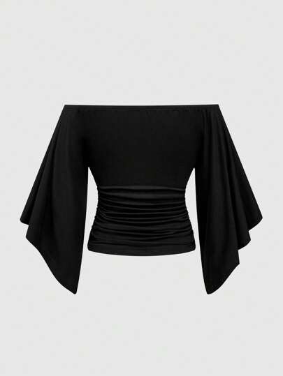 J-Fashion T-shirt pour femmes avec décoration de croix en métal et manches évasées aux épaules dénudées
