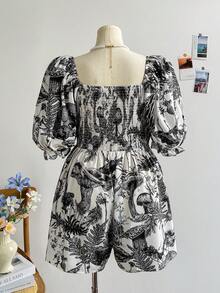 Soleia 大码女式春季方领蓝色手绘花卉印花泡泡袖连体衣 - 黑與白 - 查看 2