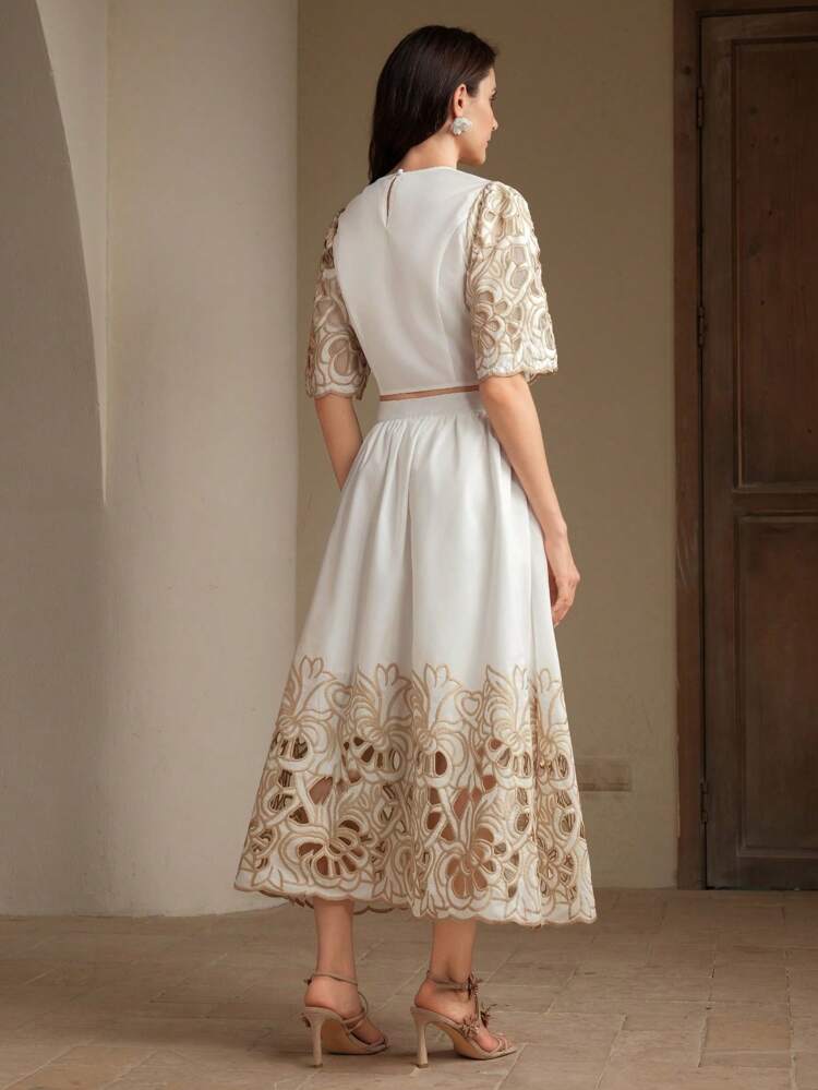2pcs Embroidered Top And Skirt Set, Elegant Hollow Out Floral Contrast Color For Women, Spring/Summer