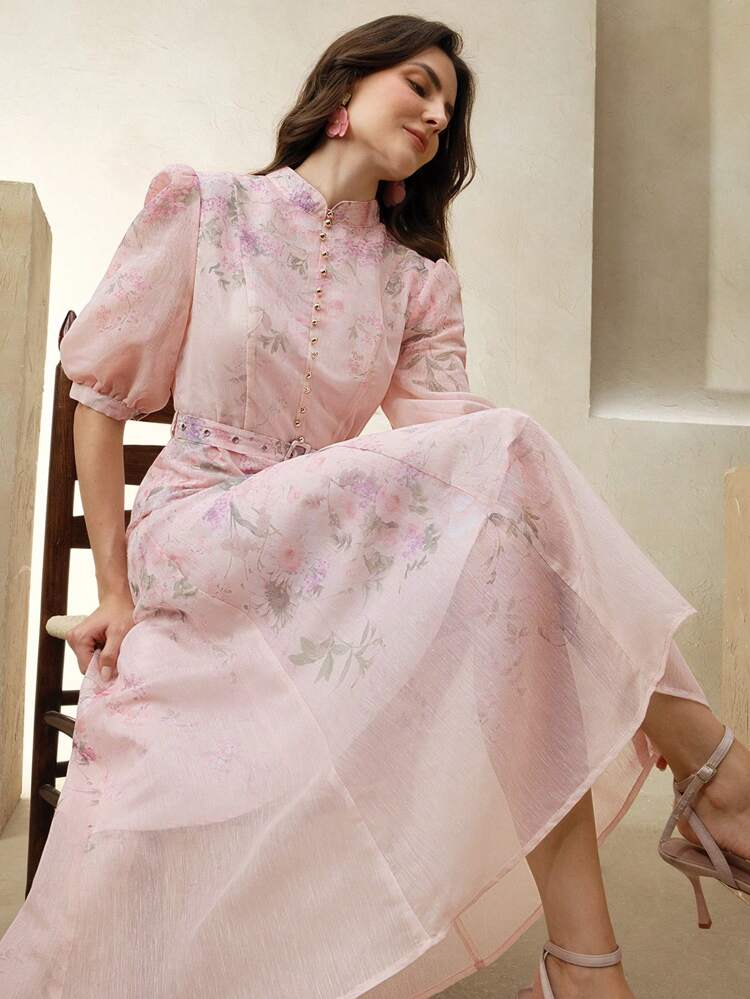 Floral Print V-Neck Belted Maxi Dress, Elegant Court Banquet, Wedding Guest, Festival, Holiday, Vacation, Party, Casual Dress For Women, Summer