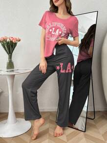 Conjunto de pijama informal con estampado de letras y contraste de color en manga corta y pantalón largo - Multicolor - Ver 4