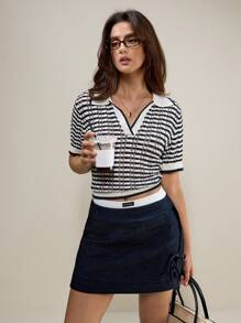 Muvela Regular Loose Fit Short Sleeve Polo Knit Top - Blue and White - View 4