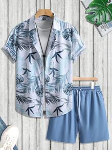 Manfinity RSRT Bộ áo sơ mi tay ngắn họa tiết hoa Hawaii và quần short trơn màu cho nam, trang phục đi nghỉ nhiệt đới, trang phục ấm áp - Nhiều màu - Xem 3