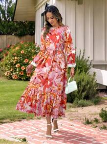 EMERY ROSE Women Floral Print Ruffle Hem Long Sleeve Dress - Multicolor - View 5