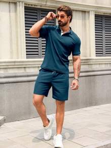 Manfinity Homme 2pcs Men's Contrast Color Half-Zip Summer Short Sleeve Polo Shirt And Drawstring Shorts Suit - Cadet Blue - View 4