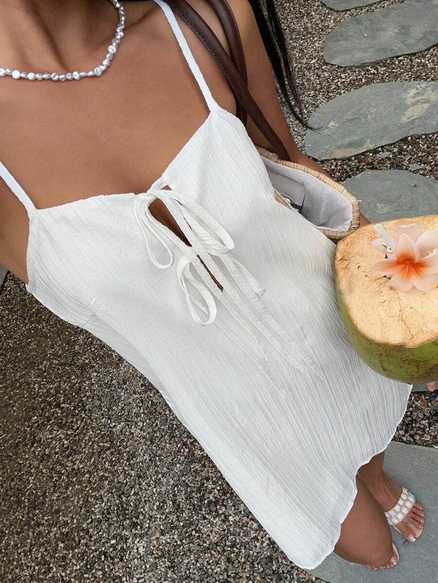Sunnyshic Solid Textured Chiffon Spaghetti Strap Front Cutout Lace-Up A-Line Mini Dress - White - View 1