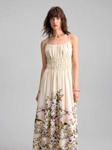 Ontre 2025 Summer Women'sLong Floral Print Ruched Bust Strap Dress, Suitable For June Holidays, Independence Day, St. John's Day, Beach, Vacation, Graduation, Office, Beach Wear, Holiday, Tea Party, Party