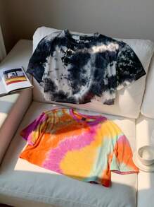 Comfortcana Two-Piece Set Women's Tie Dye Loose Knit T-Shirt - Black and White - View 3