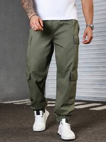 Manfinity Homme Plus Size Men's Solid Color Simple Casual Jeans - Olive Green - View 4